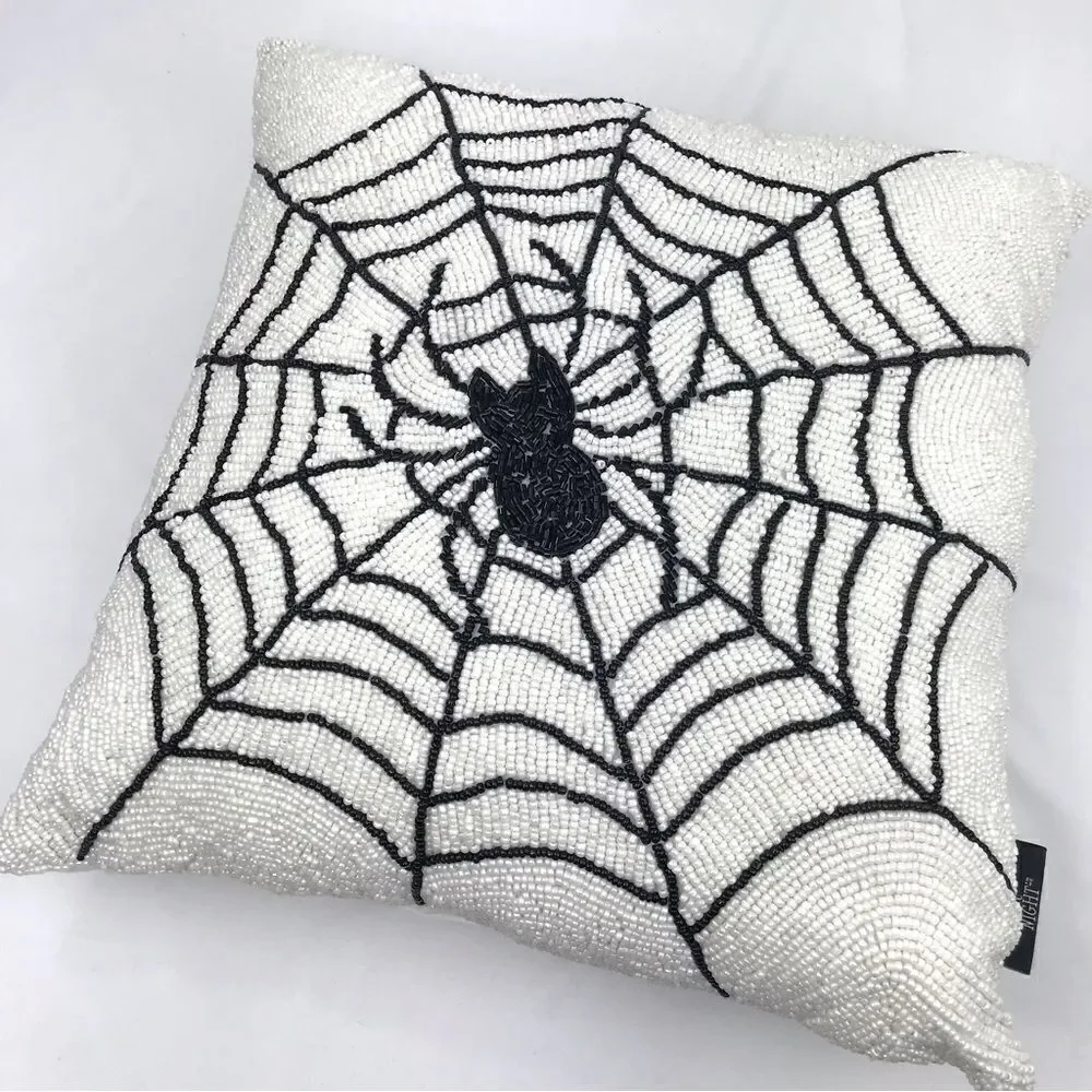 Noir Night Black Spiderweb White Beaded 16” Halloween Decor Accent Throw Pillow